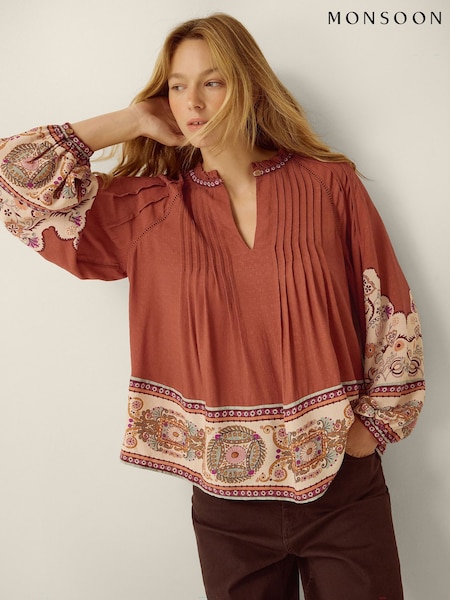 Brown - Monsoon Alexandra Floral Pintuck Blouse