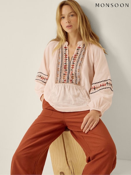 Pink - Monsoon Aoife Geometric Embroidered Top