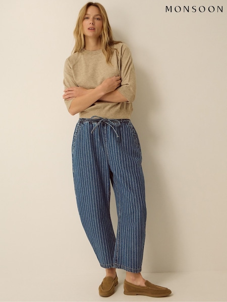 Blue - Monsoon Katja Drawstring Pinstripe Barrel Jeans