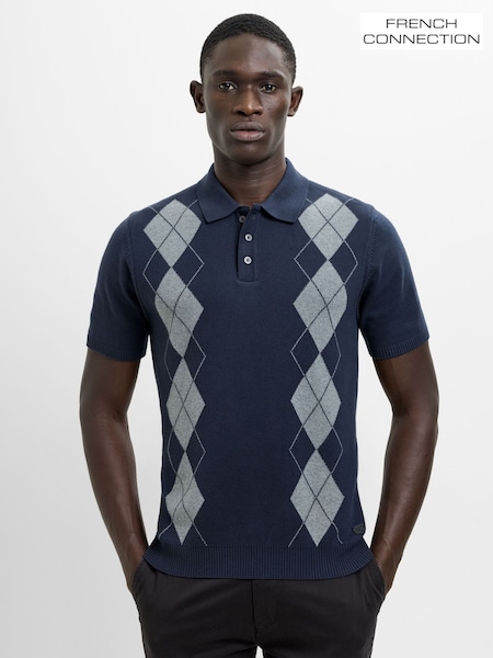 Azul - Regular French Connection Cotton Argyle Patterned Button Short Sleeve Polo Shirt