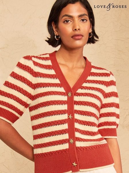 Marrone ruggine - Cardigan in maglia di cotone a righe Love & Roses con dettaglio a bottone a stella marina.