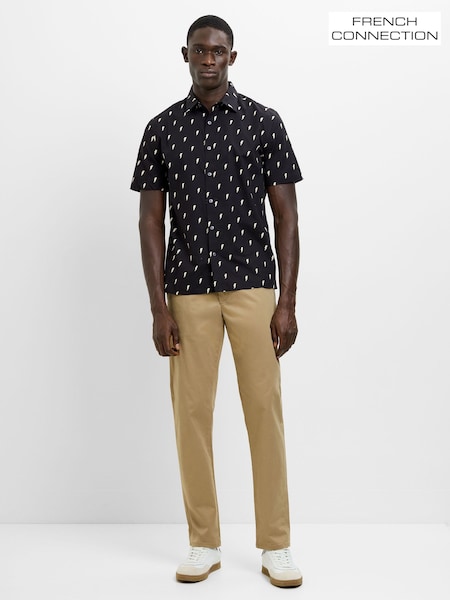 Black - Regular French Connection Cotton Lightning Bolt Printed Button Short Sleeve Shirt