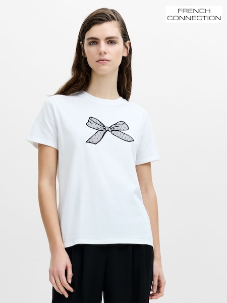 White - French Connection Mesh Bow Cotton T-shirt