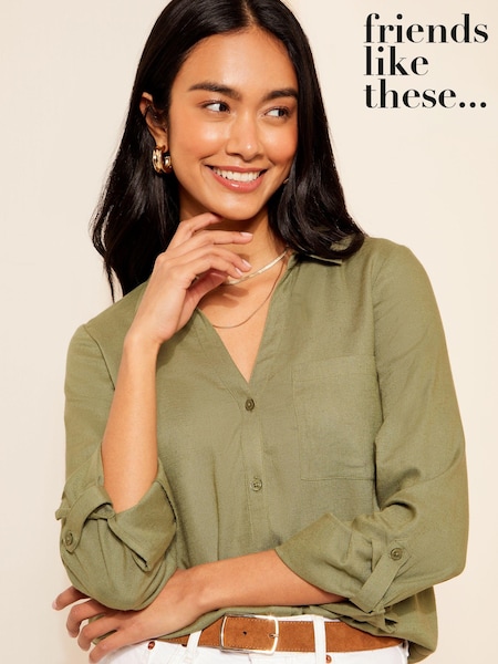 Friends Like These Khaki Green Long Sleeve Button Through Shirt with Linen (657417) | €34