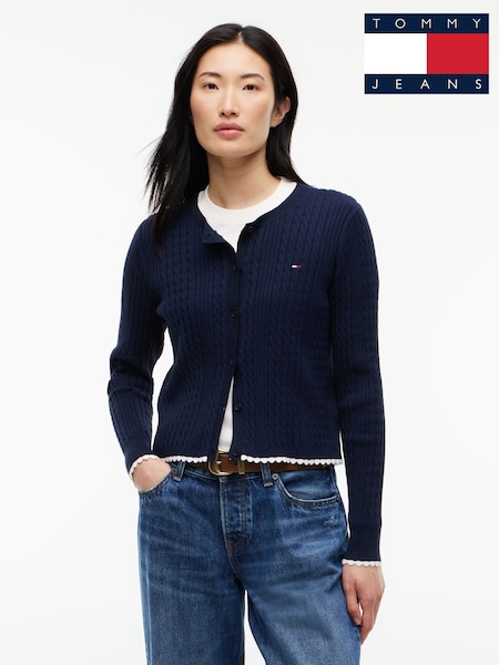 Albastru - Tommy Jeans Cable Knit Scalloped Trim Slim Cardigan