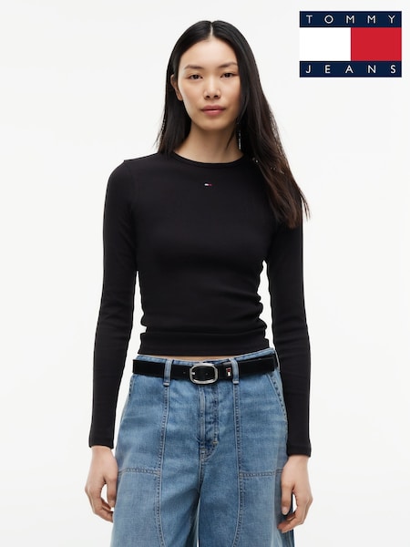Black - Tommy Jeans Slim Ribbed Long Sleeve T-shirt