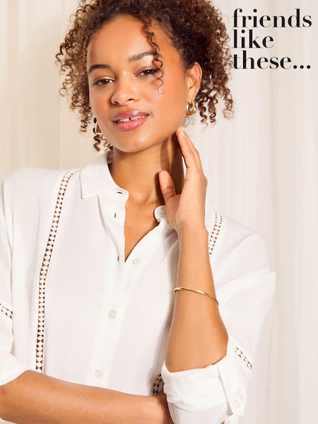 Friends Like These Ivory White Long Sleeve Crinkle Trim Detail Button Through Shirt (657574) | 79 QAR