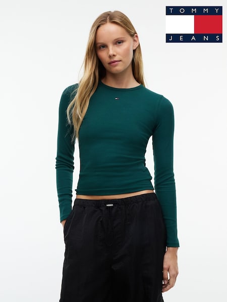 グリーン - Tommy Jeans Slim Ribbed Long Sleeve T-shirt
