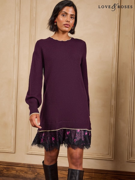 Burgundy Leopard Print - Love & Roses Lace Detail Woven Mix Knitted Jumper Dress