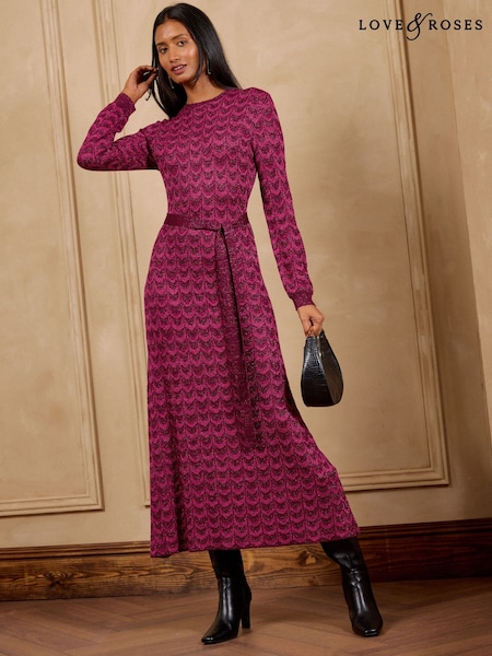 Pink - Love & Roses Striped Sparkle Detail Crew Neck Knitted Midi Dress