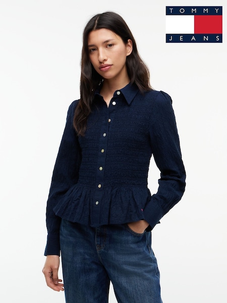 Blue - Tommy Jeans Slim Fit Smock Seersucker Shirt