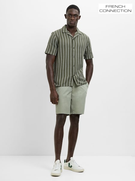 Green - Regular French Connection Cotton Blend Open Weave Striped Revere Collar Button Short Sleeve Shirt
