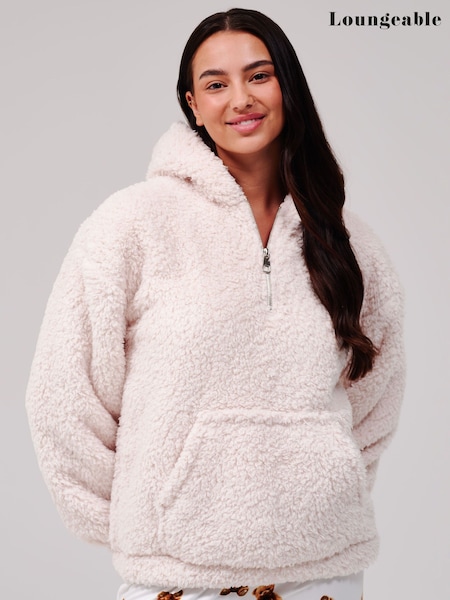 Cream - Loungeable Cosy Borg Fleece Quarter Zip Lounge Hoodie