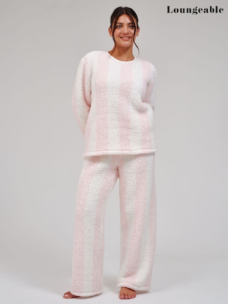 Baby Pink - Loungeable Borg Jumper & Wide Leg Trousers Lounge Set