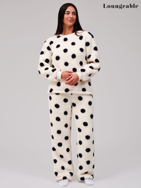 White - Loungeable Borg Jumper & Wide Leg Trousers Lounge Set