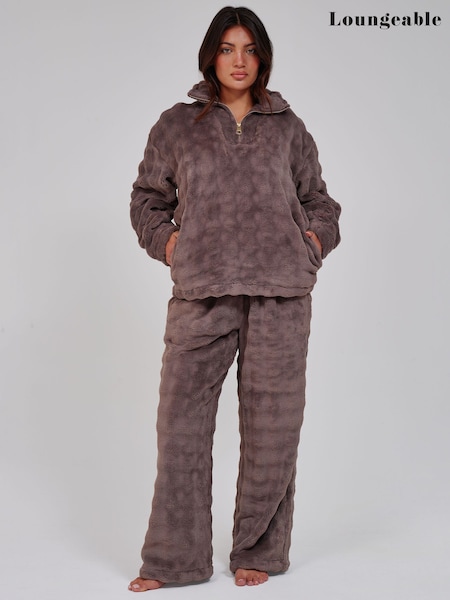 Brown - Loungeable Luxury Bubble Fleece Quarter Zip And Trousers Lounge Set