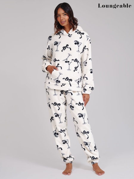 White - Loungeable Martini Bow Luxury Fleece Hoodie And Joggers Lounge Set
