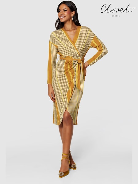 Closet London Brown Long Sleeve Wrap  Pencil Dress (659003) | €28
