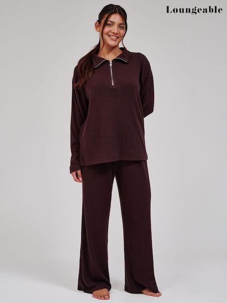 חום - Loungeable Soft Knit 1/4 Zip Top And Trousers Lounge Set