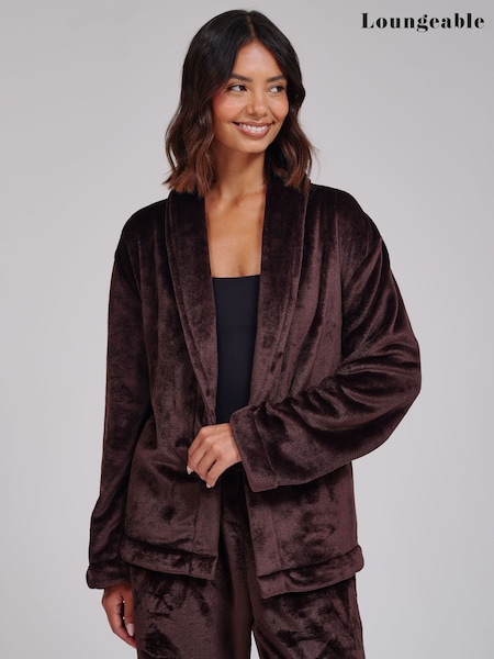 Brown - Loungeable Luxury Fleece Wrap Kimono And Trousers Lounge Set
