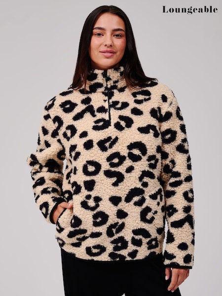 طبعات حيوانات - Loungeable Leopard Print Cosy Borg Fleece Quarter Zip Lounge Jumper