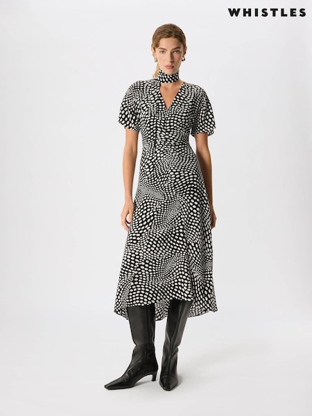 Schwarz - Whistles Mixed Spot V-neck Midi Dress