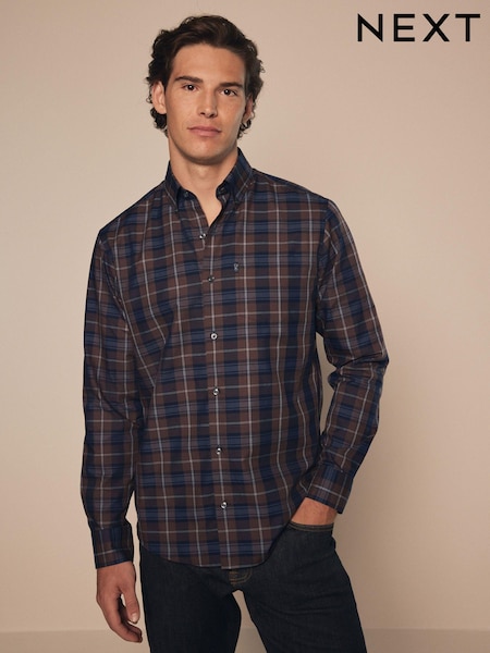 Neutral Brown Check Regular Fit Easy Iron Long Sleeve Single Cuff Oxford Shirt (660362) | €5