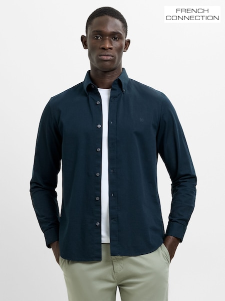 Синій - Regular French Connection Cotton Long Sleeve Embroidered Logo Button Shirt