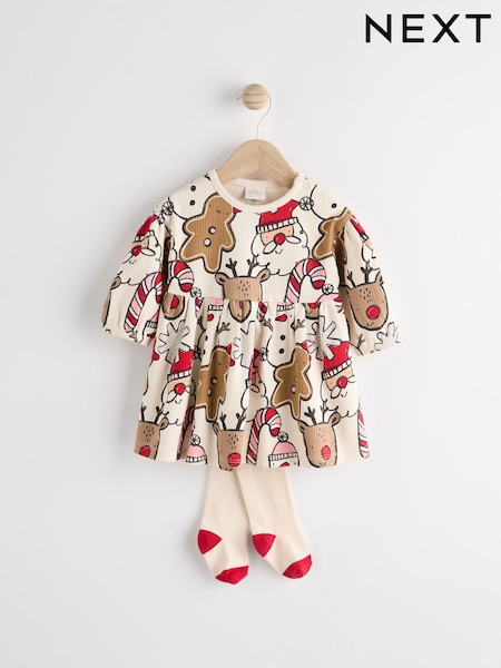 Christmas Baby Jersey 100% Cotton Dress With Tights Set (0mths-2yrs) (661346) | ‏4 ر.ع.‏ - ‏5 ر.ع.‏
