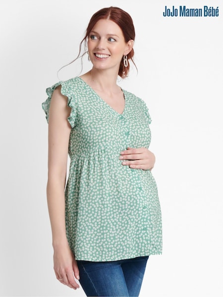 JoJo Maman Bébé Duck Egg Ditsy Print Frill Sleeve Maternity Blouse (661367) | €56