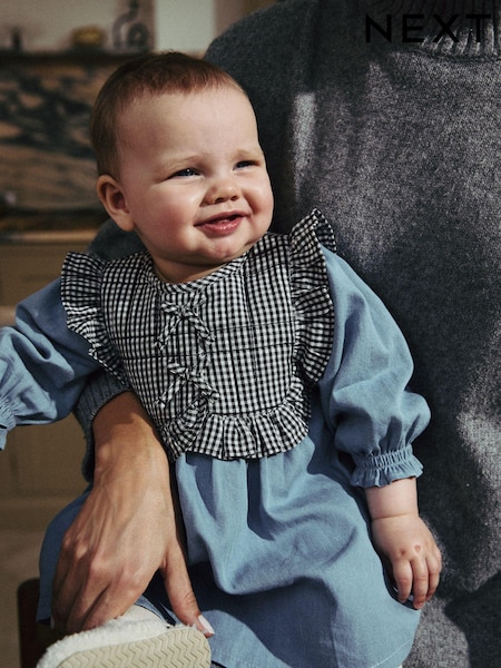 Denim/Gingham Tabbard Woven 100% Cotton Dress and Tights Set (0mths-2yrs) (661382) | €17 - €19