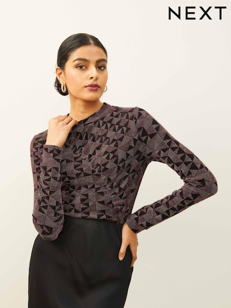 Gold - Long Sleeve Ruched Jacquard Top (661711) | 8 €