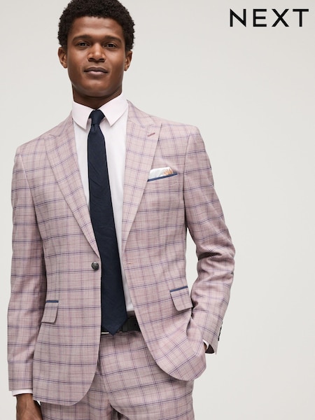 Pink Slim Fit Trimmed Check Suit Jacket (661854) | € 29