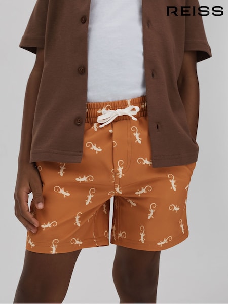 Reiss Orange/White Cammy Senior Reptile Print Drawstring Swim Shorts (661927) | AED202