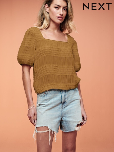 Ochre Yellow Short Sleeve Smock Tie Back Top (663095) | AED13