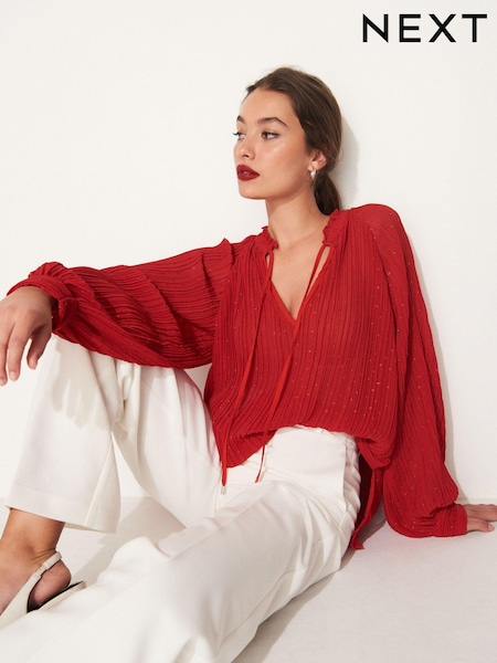 Красный - Pleated Sparkle Tie Neck Long Sleeve Blouse (663259) | €11
