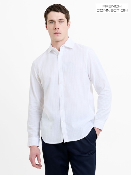 White - Regular French Connection Cotton Seersucker Pinstripe Button Long Sleeve Shirt