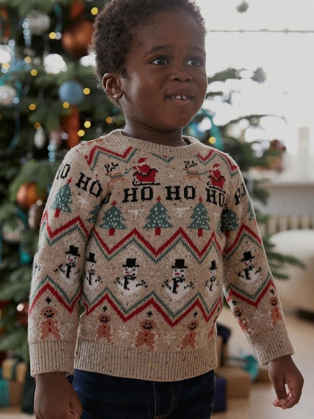 Neutral Snowman Fairisle Pattern Boys Knitted Christmas Jumper (3mths-16yrs) (663449) | €9 - €12