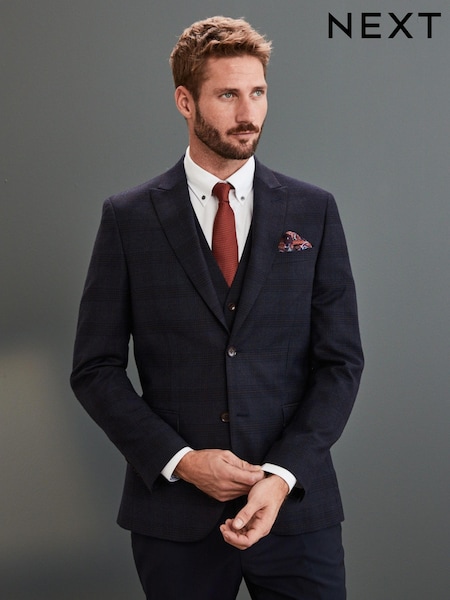 Navy Check Slim Fit Signature Angelico 100% Wool Suit Jacket (663464) | €86
