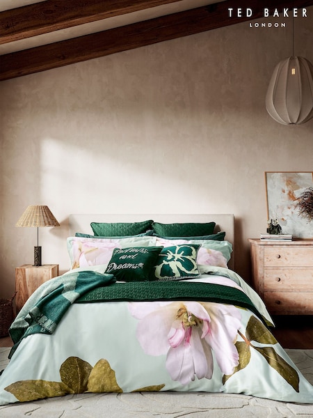 Ted Baker Green 100% Cotton Gardenia Floral Duvet Cover and Pillowcase Set (663616) | AED807 - AED987