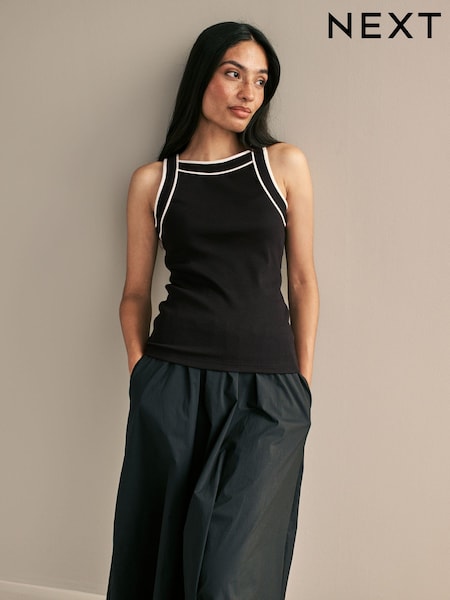 Schwarz - Stretch Geripptes Ärmellos Westenoberteil mit Kontrastbesatz (663655) | 6 €