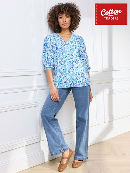 Blue - Cotton Traders 3/4 Sleeve V-neck Printed Crinkle Top