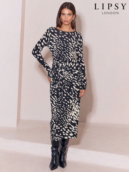 Monochrome Animal Deer Print - Lipsy Jersey Tie Waist Long Sleeve Midi Dress
