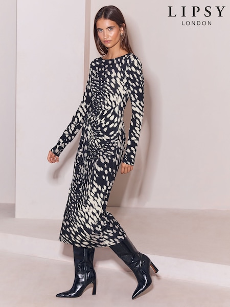 Monochrome Animal Imprimé Cerf - Lipsy Jersey Tie Waist Long Sleeve Midi Dress