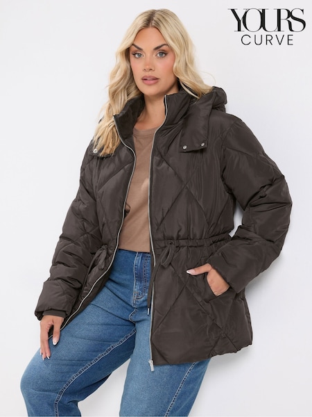 Brown - Yours Curve Diamond Quilted Puffer Coat