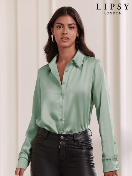 Lipsy Green Collared Button Through Diamante Shirt (664403) | €23