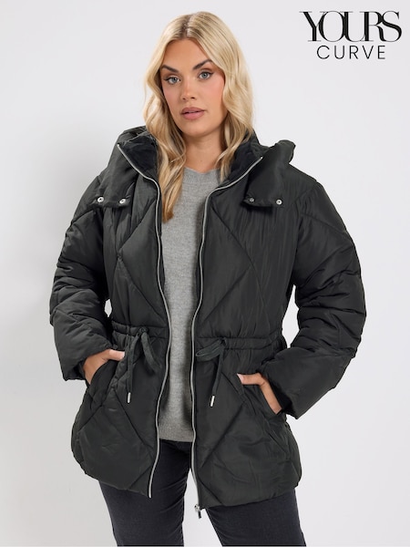 Black - Yours Curve Diamond Quilted Puffer Coat