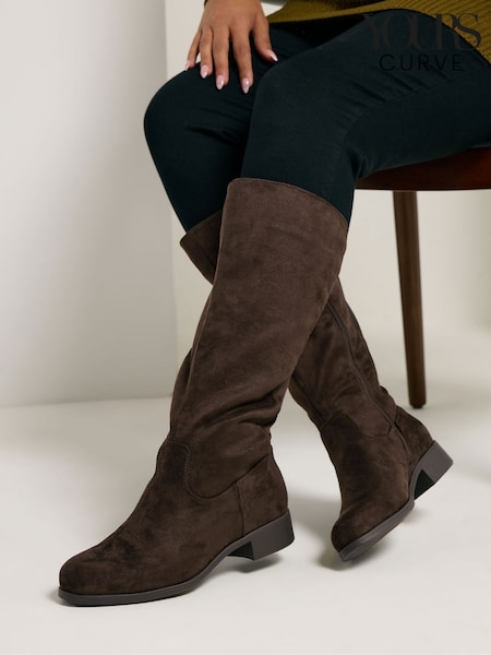Brown Faux Suede - Yours Curve Stretch Knee High Boots