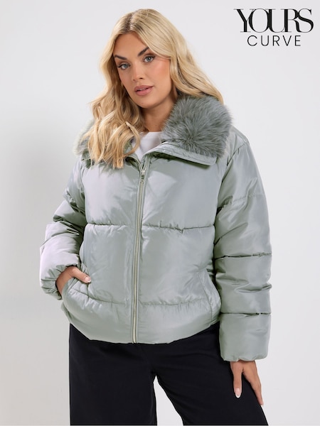 Grey - Yours Curve Funnel Neck Padded Coat