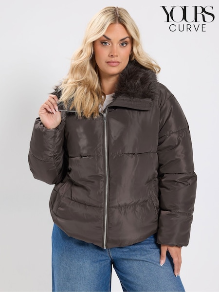 Brown - Yours Curve Funnel Neck Padded Coat